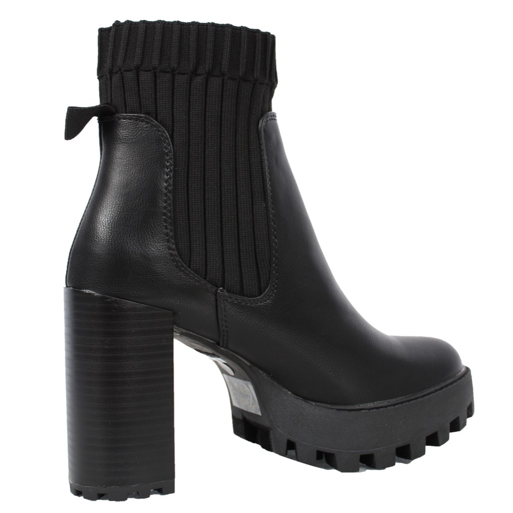 Black Round Toe Lug Platform Knit Panel Block Heel - Picture 4 of 7